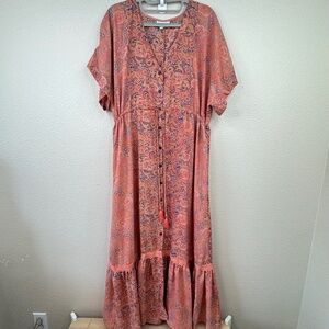 Boemo Anthropologie Womens Bohemian Maxi Tiered Paisley Button SS Dress Small S